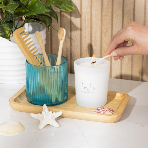 Inis candle placed in living room offering fresh ocean scent to refresh shared spaces