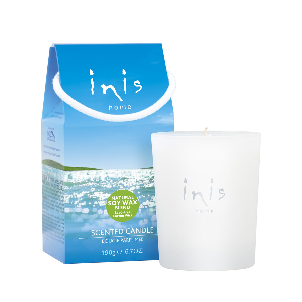 Inis frosted glass jar front view showing clean coastal styling and elegant decor benefit