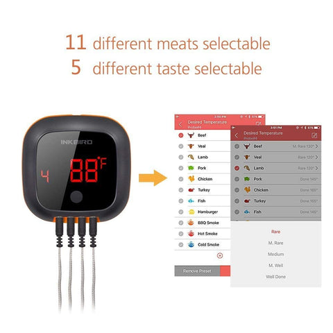 Inkbird probes inserted in meat on grill showing convenient remote monitoring