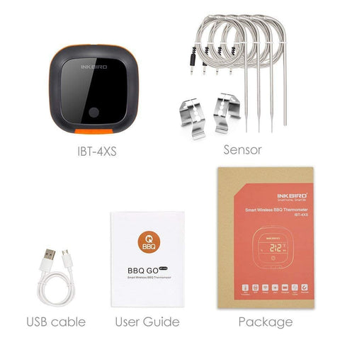 Inkbird kit laid out with probes USB cable and manual for ready-to-use convenience