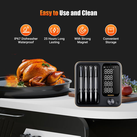Inkbird four probes inserted in different meats showing multi-food monitoring benefit
