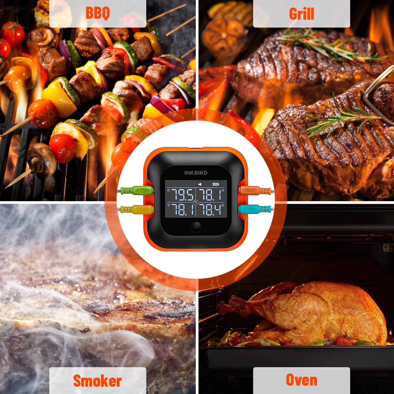 Inkbird probes inserted in roast demonstrating simultaneous multi-meat monitoring