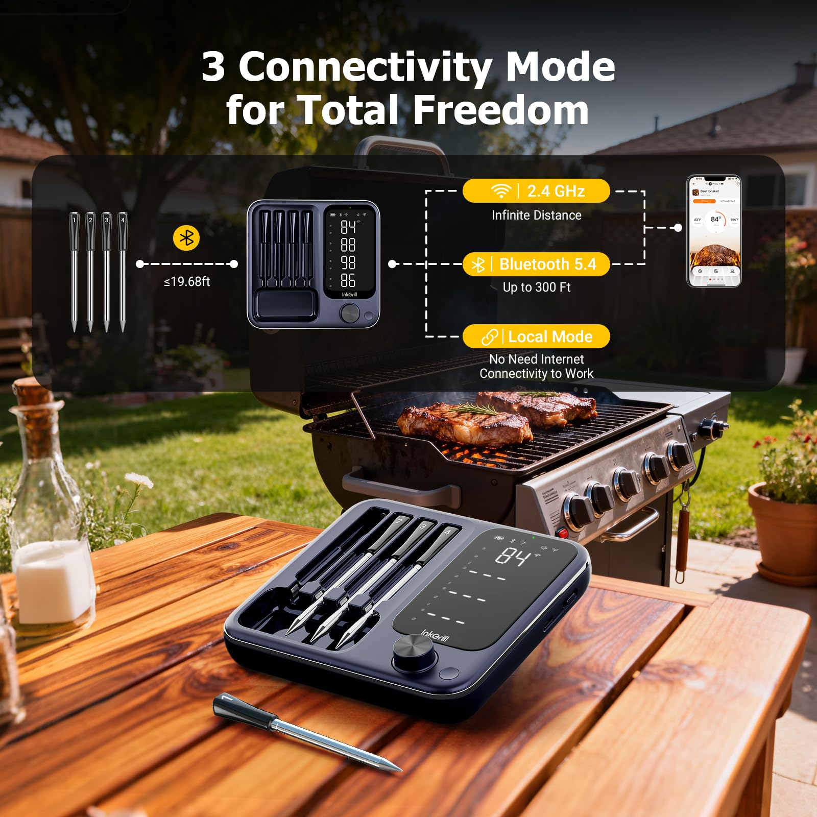 InkGrill four color-coded probes laid out for tracking multiple meats simultaneously