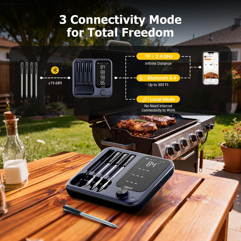 InkGrill four color-coded probes laid out for tracking multiple meats simultaneously
