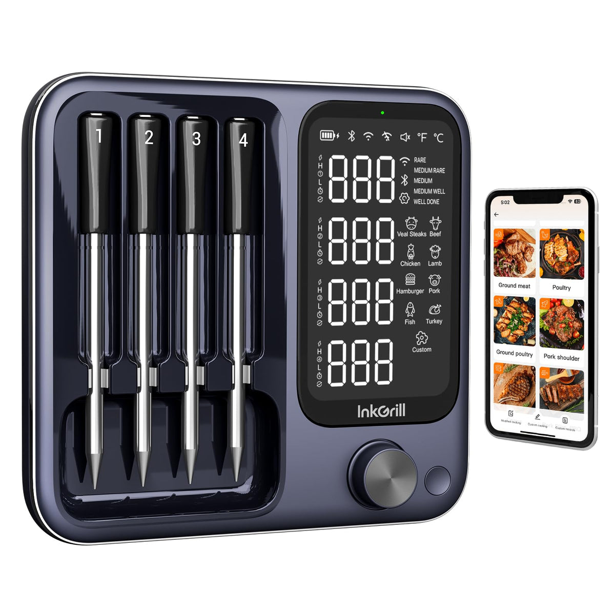 InkGrill front display and magnetic base showing clear temp readouts for convenience