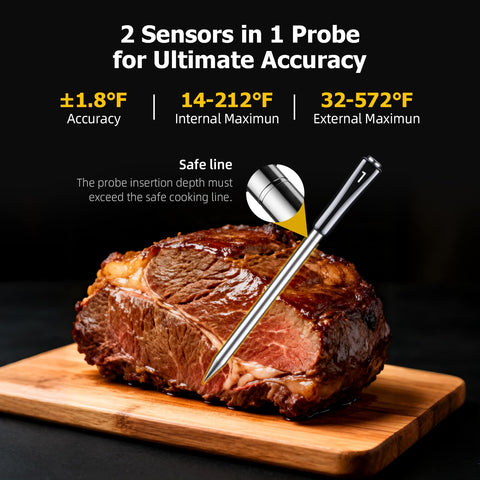 InkGrill in use on a charcoal grill monitoring smoker and meat temps for hands-free cooking