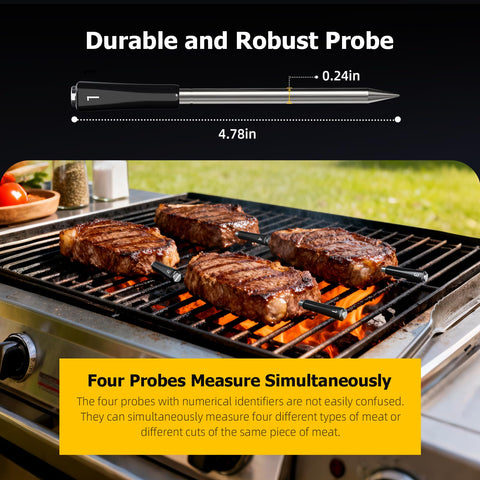 InkGrill probe close-up showing dual-sensor tip for accurate internal and ambient readings