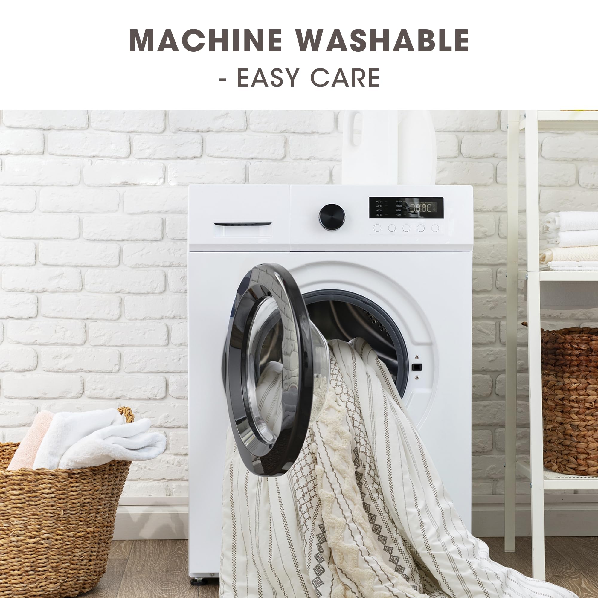 INK+IVY care label close-up showing machine-washable care benefit