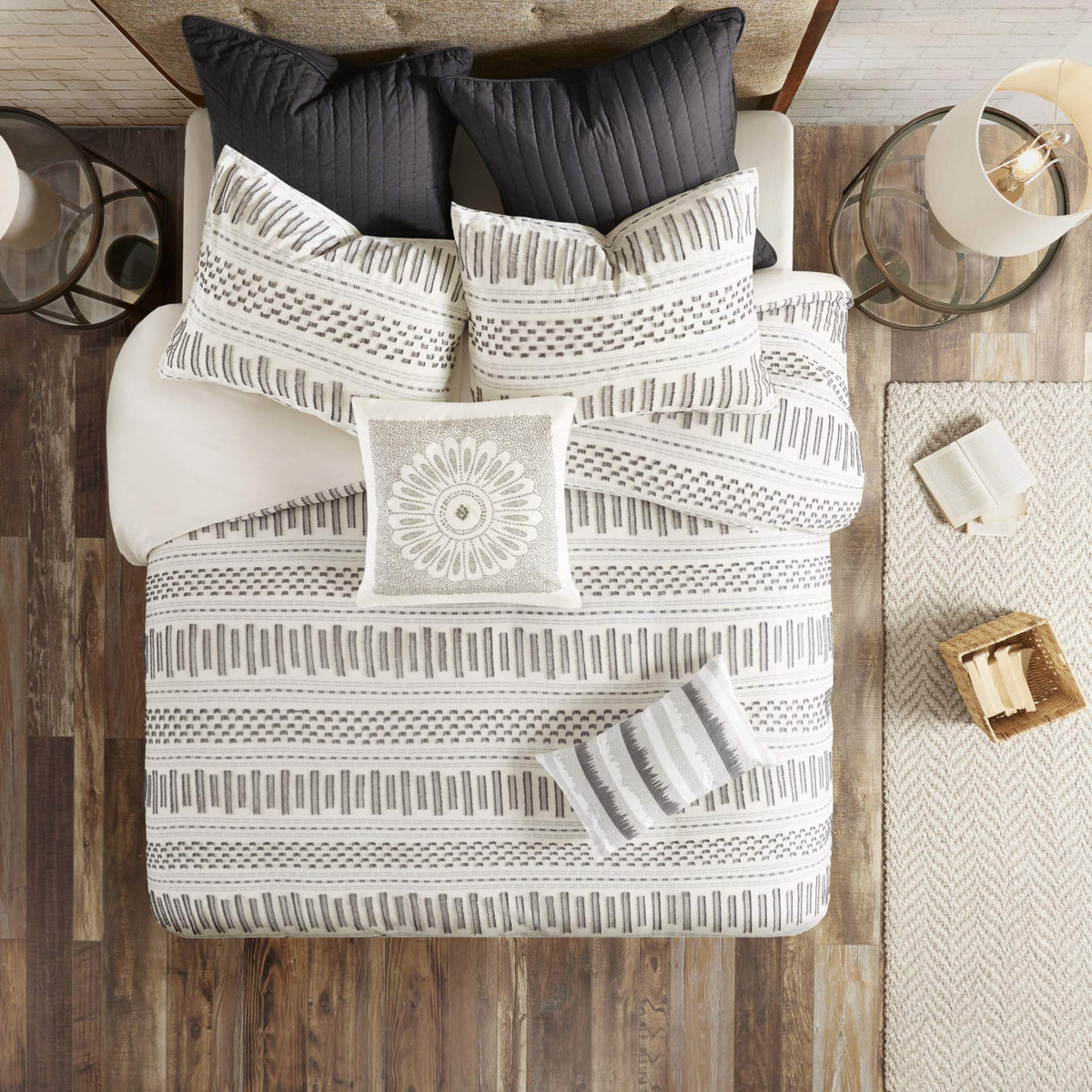 INK+IVY front view of comforter set showing neutral farmhouse appeal and crisp finish