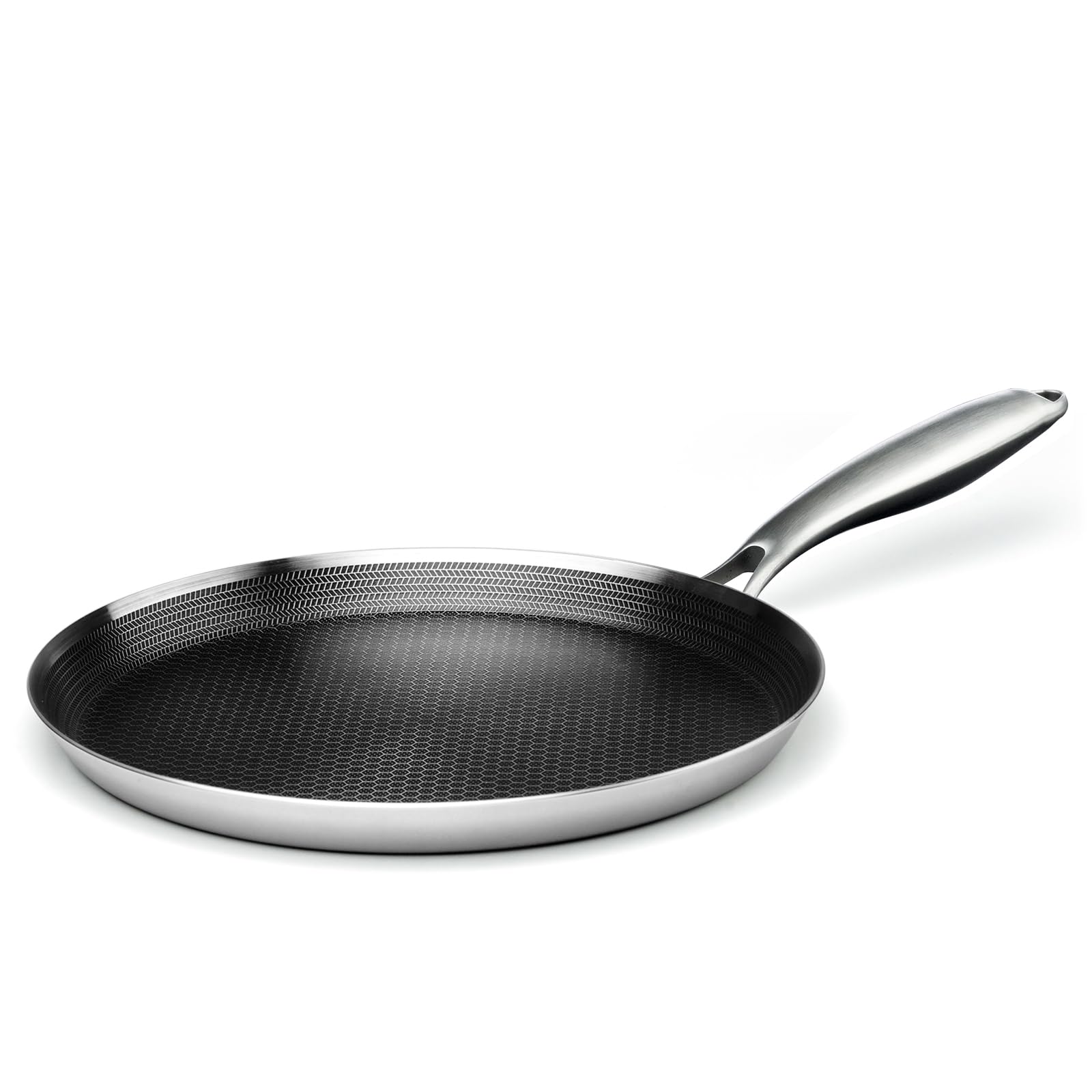 Innerwell 11 inch crepe pan front view showing flat base and raised edge for even batter