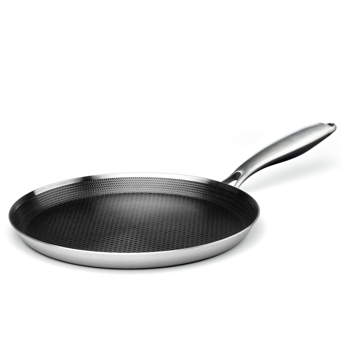 Innerwell 11 inch crepe pan front view showing flat base and raised edge for even batter