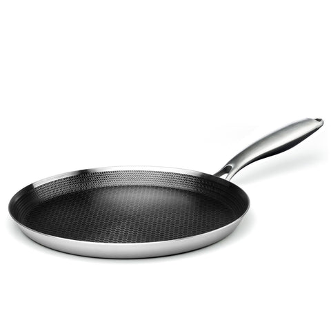 Innerwell 11 inch crepe pan front view showing flat base and raised edge for even batter