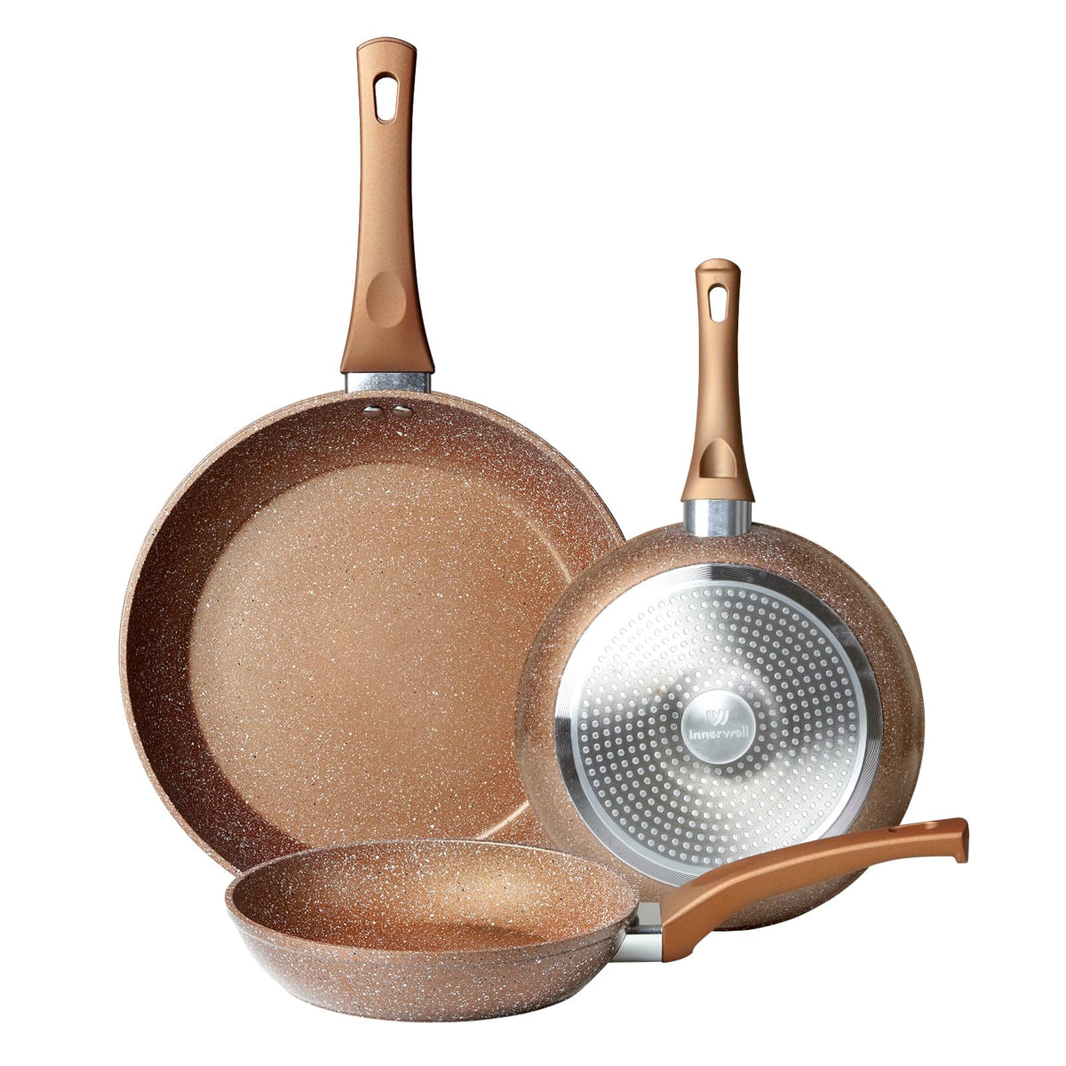 Innerwell front view of three-piece skillet set showing sizes and finish for versatile cooking