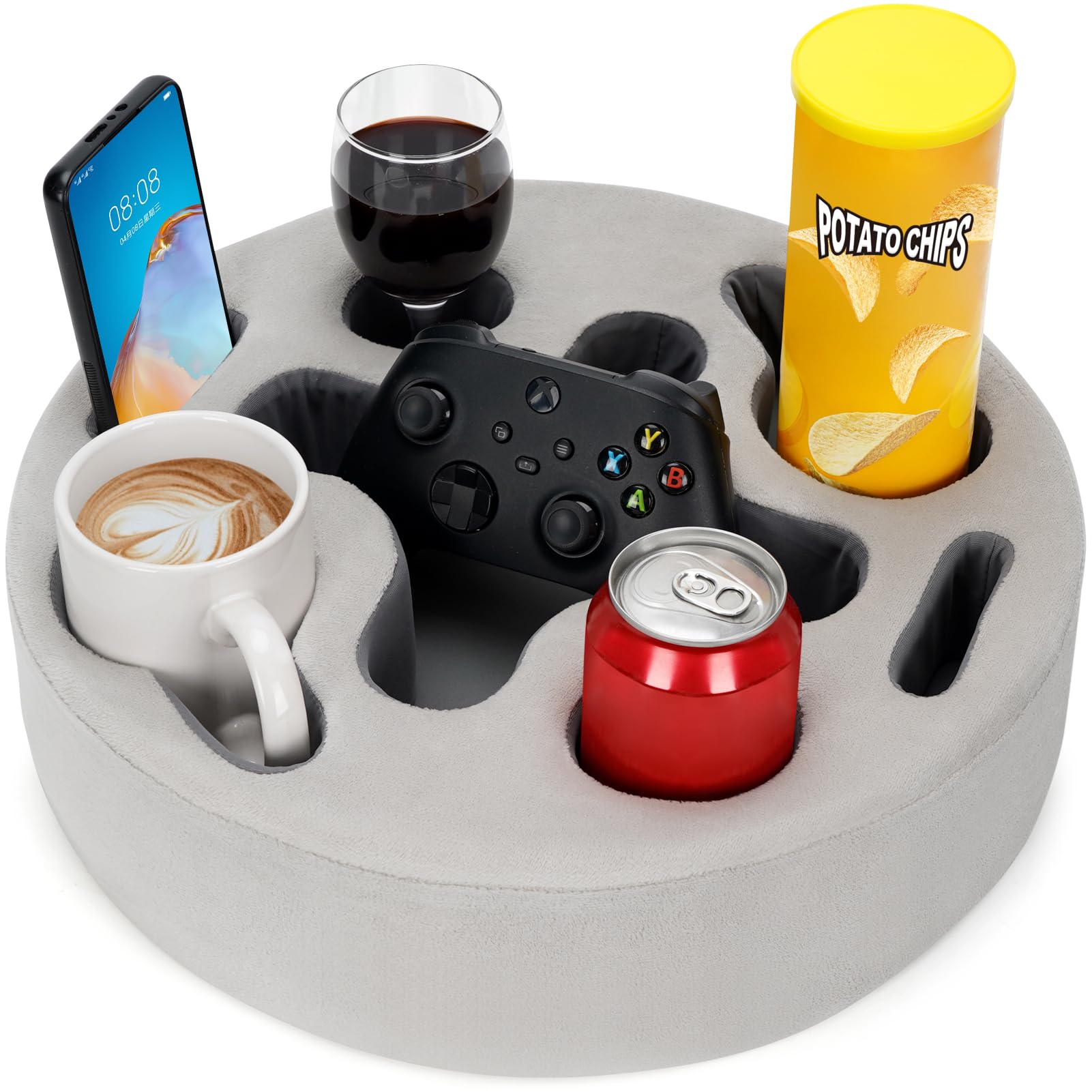 INNO STAGE front view of sofa caddy showing cup holes and compartments for easy reach