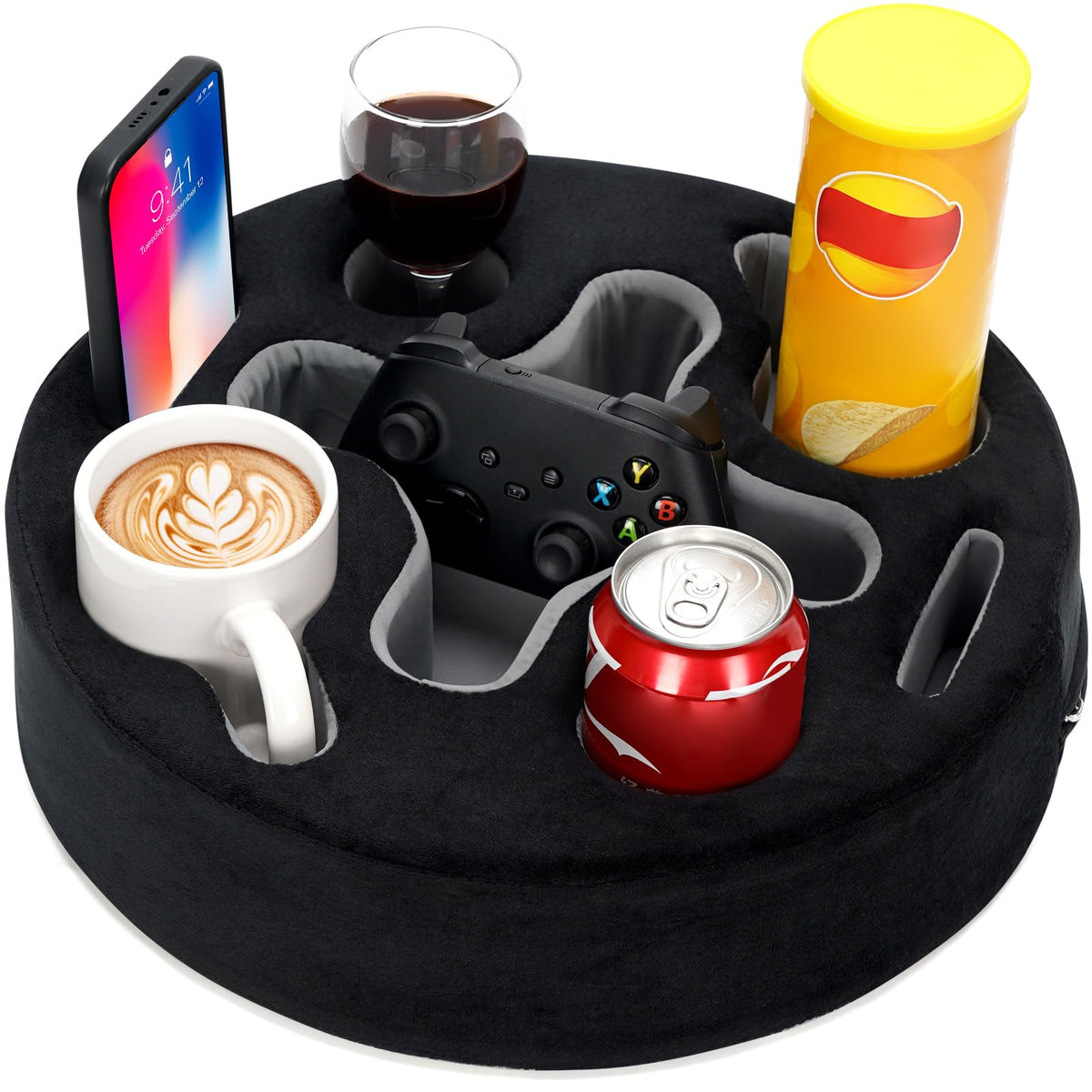 INNO STAGE front view of sofa caddy showing all holders and plush cover, keeps items organized
