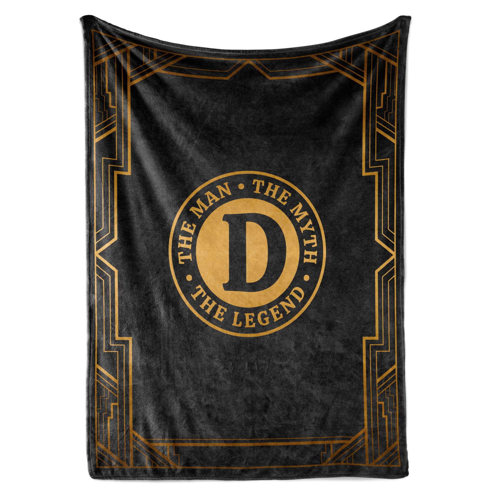 InnoBeta blanket front view showing black and gold design and bold initial for a standout gift