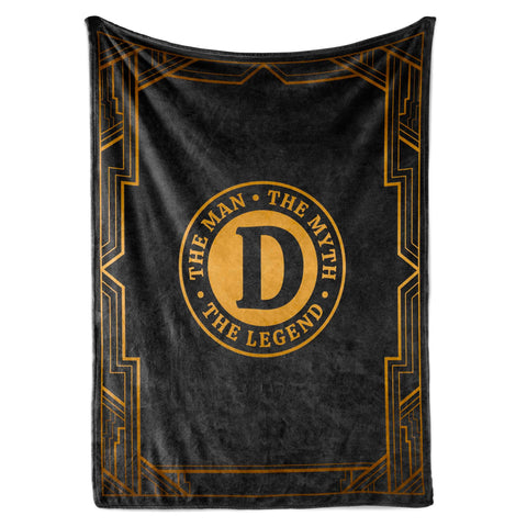InnoBeta blanket front view showing black and gold design and bold initial for a standout gift