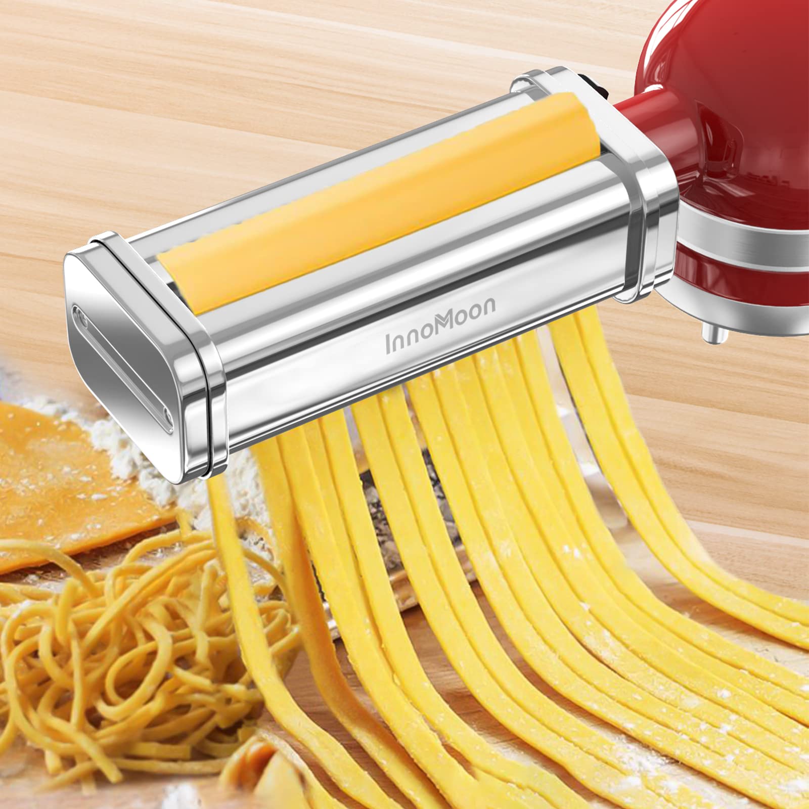 InnoMoon attachment mounted on KitchenAid mixer demonstrating hands-free pasta making