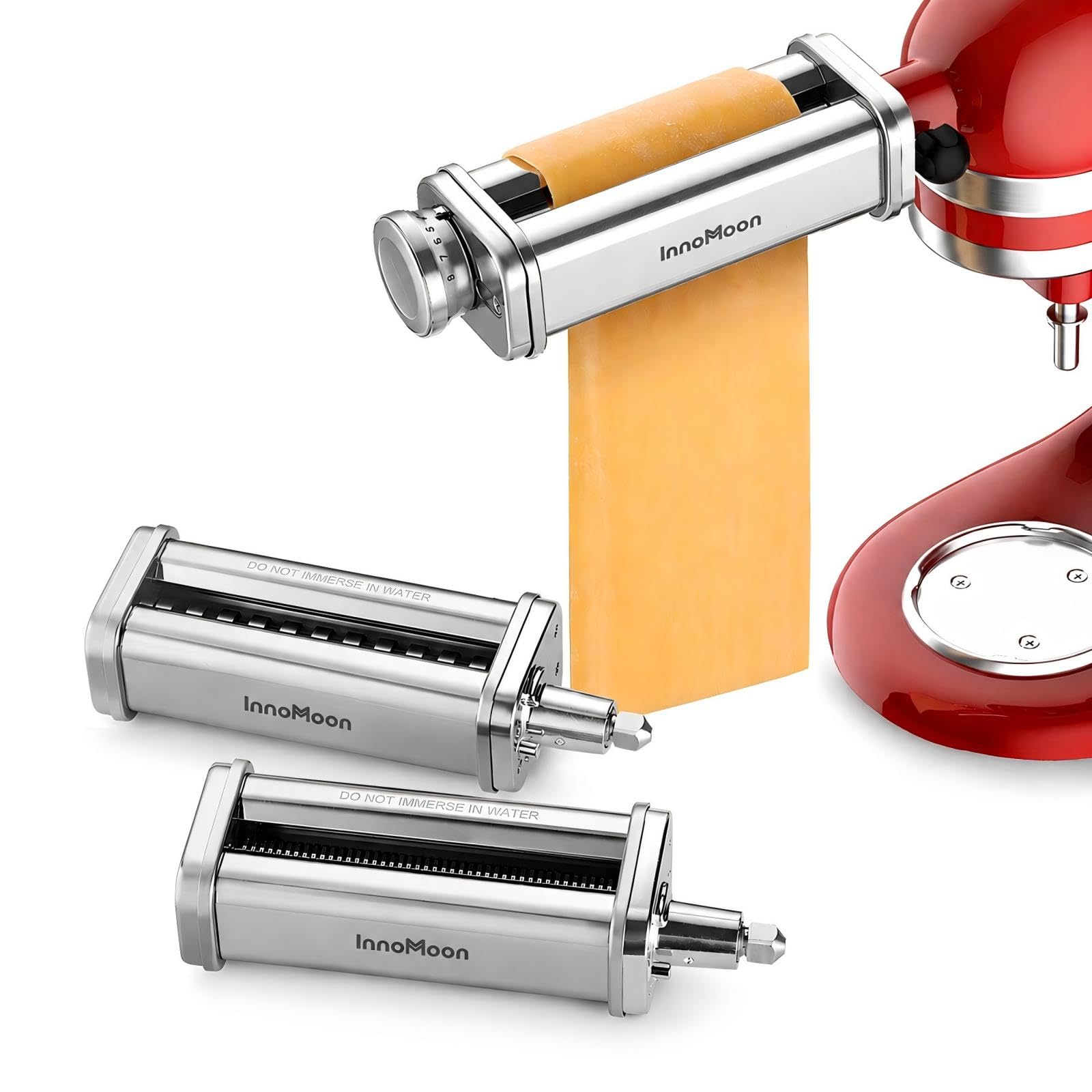 InnoMoon front view of pasta attachment showing full three-piece set and benefit of compact design
