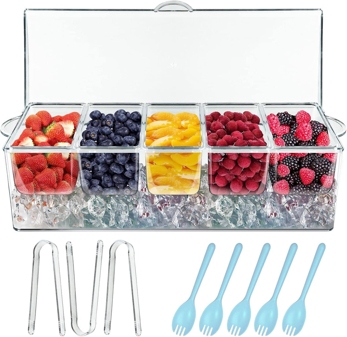 INNOVATIVE LIFE front view of chilled condiment server showing clear lid and compartments for tidy presentation