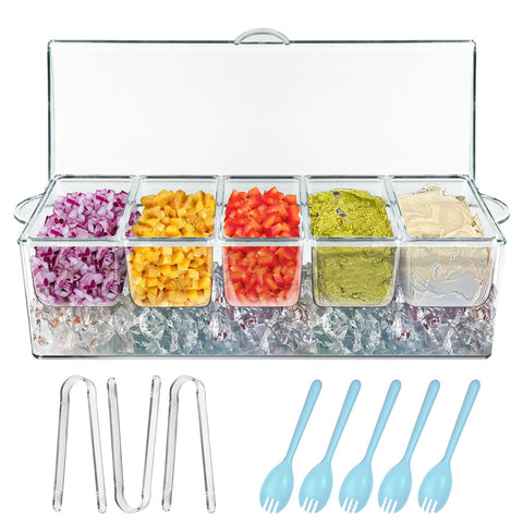 INNOVATIVE LIFE open lid showing five removable compartments and chilled storage for organized serving