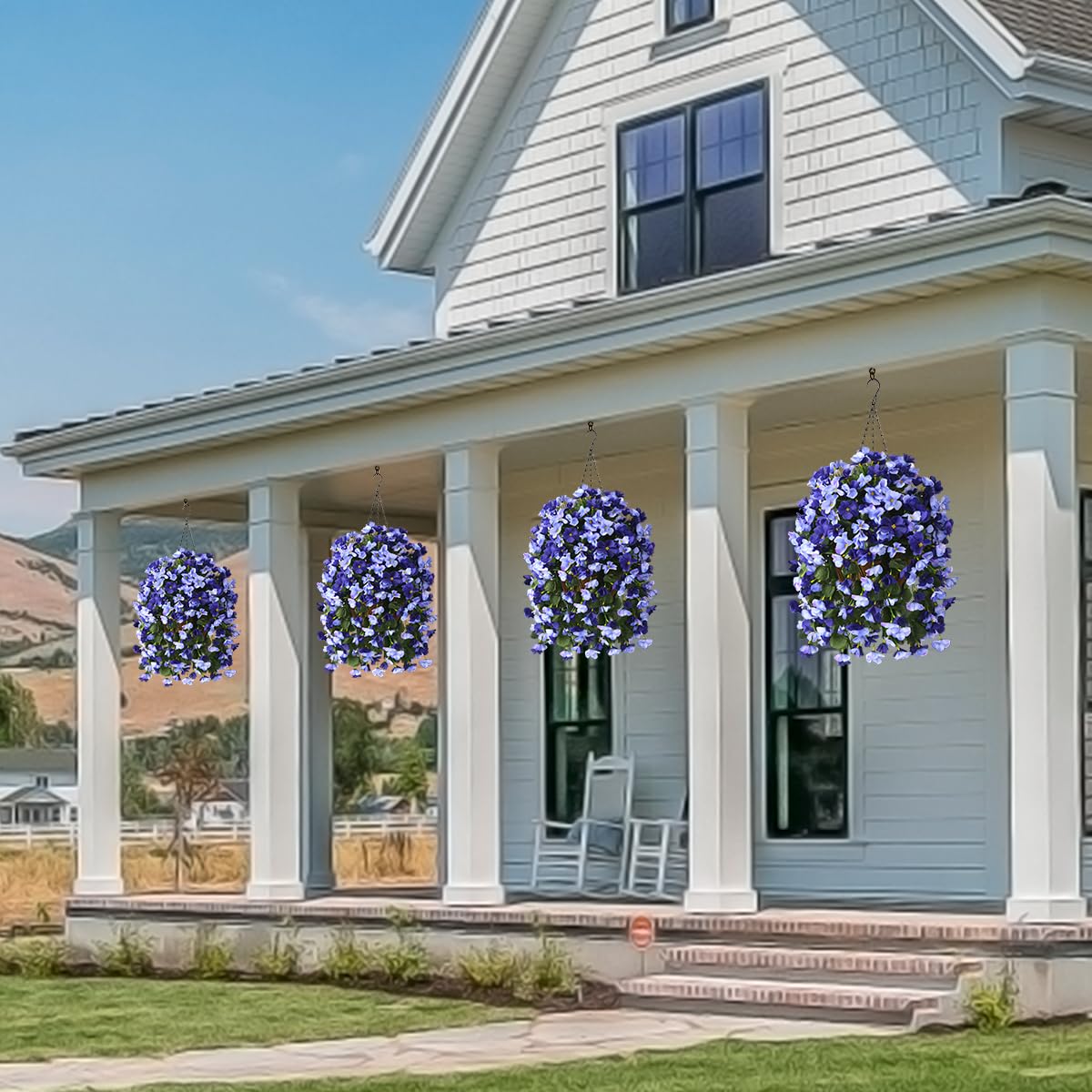 INQCMY hanging basket on porch demonstrating year-round color without maintenance