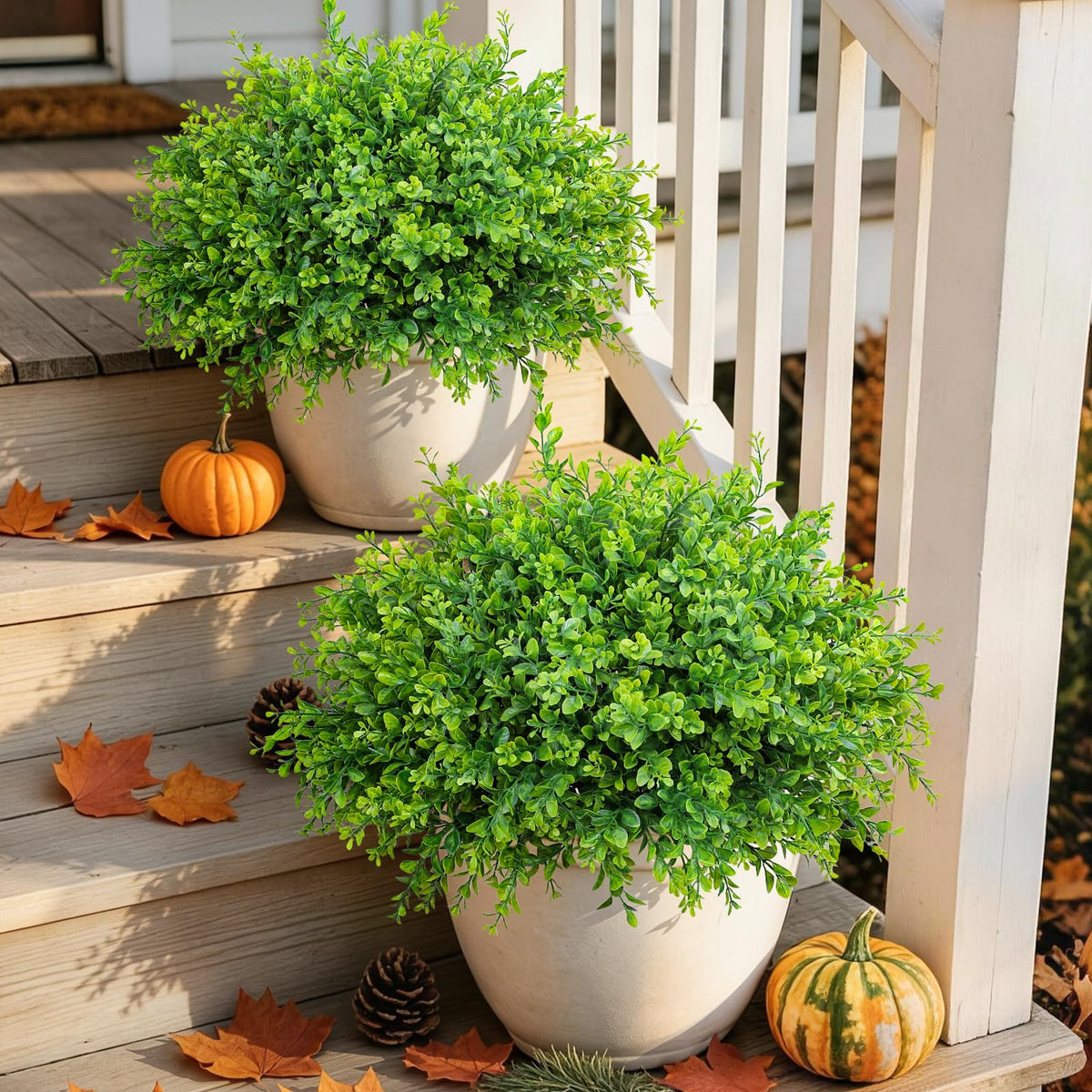INQCMY front packaging showing 20 faux boxwood bundles and clear benefits