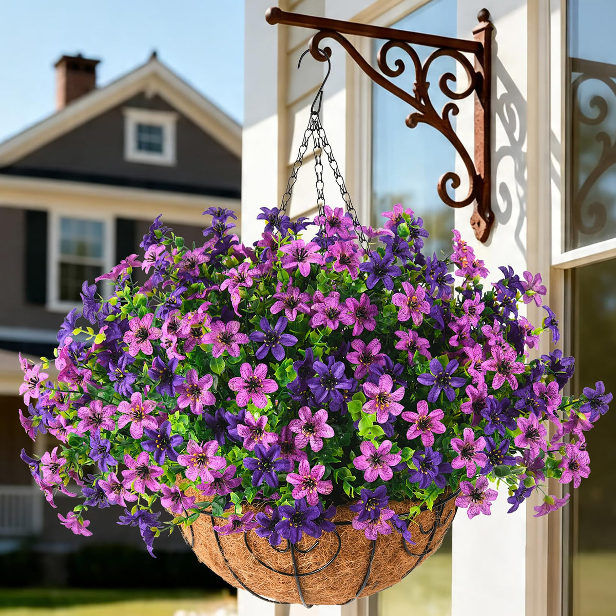 INQCMY front view of hanging basket showing full blooms and curb appeal