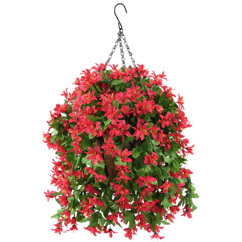 INQCMY front view of hanging violet basket shows vibrant curb appeal