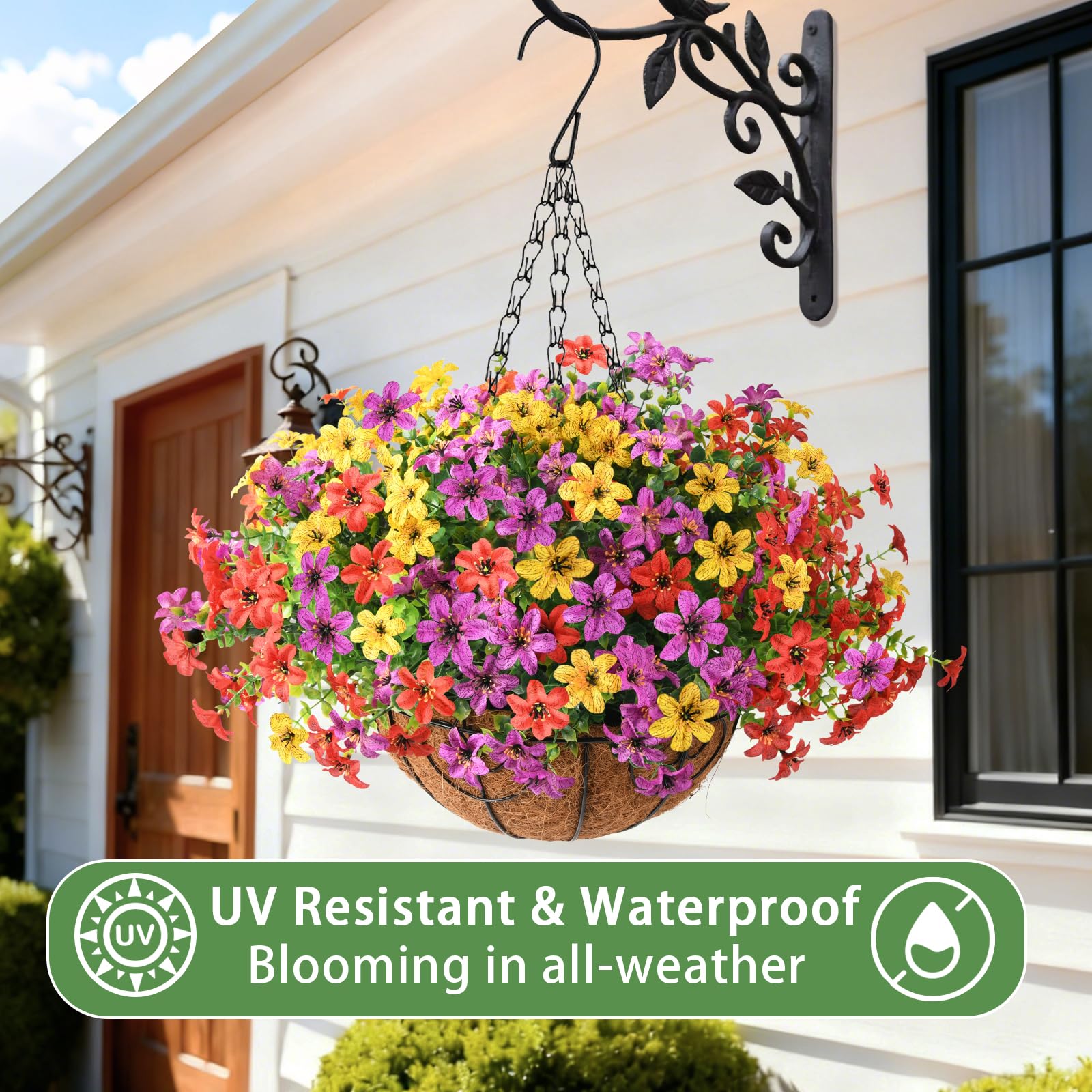 INQCMY hanging basket on porch demonstrating weatherproof outdoor styling benefit