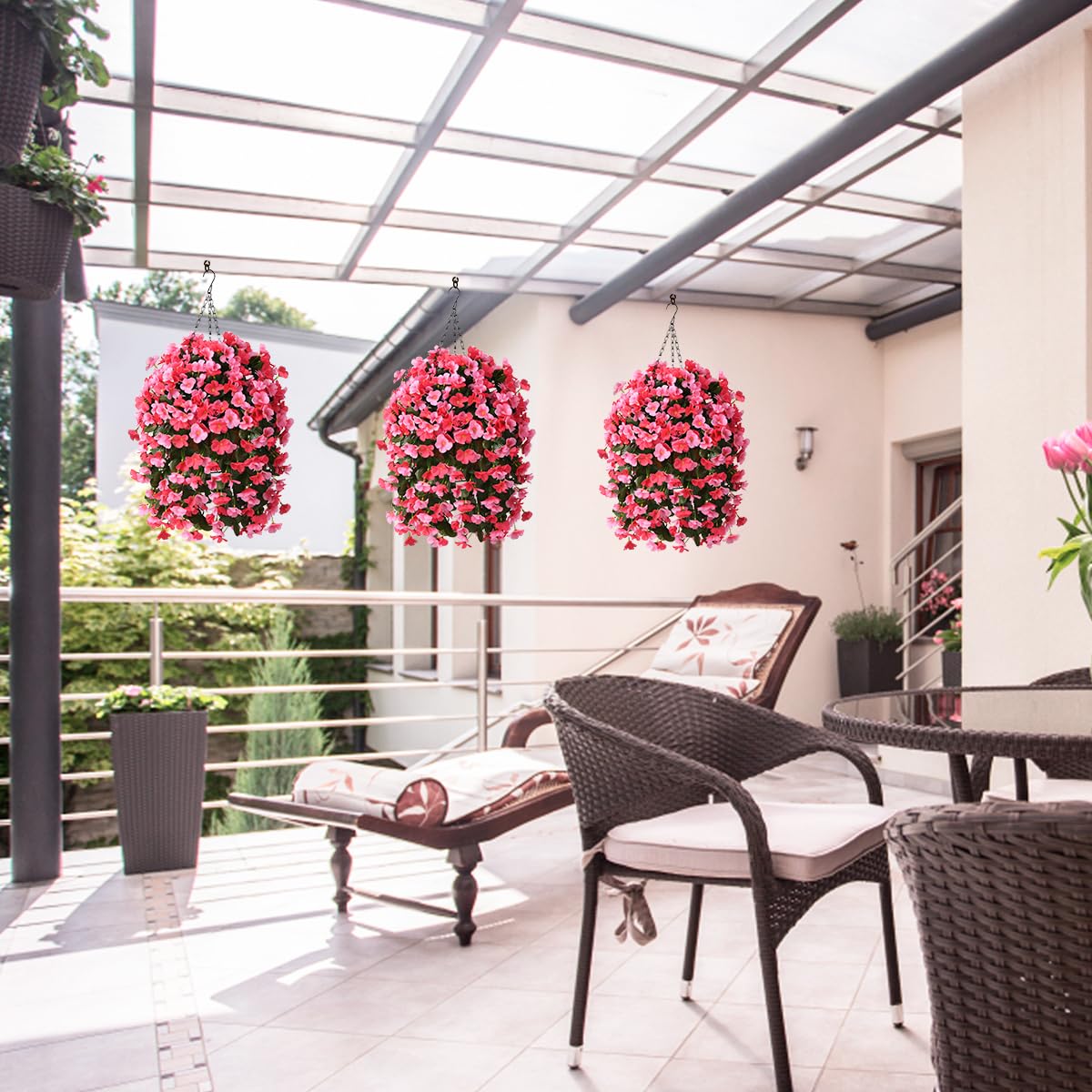 INQCMY hanging basket on a porch adding year-round color with no maintenance