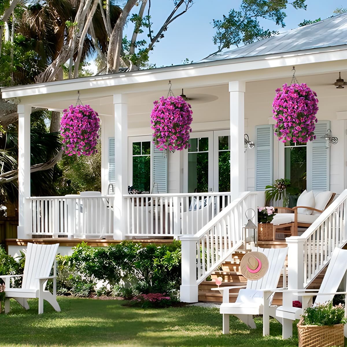 INQCMY hanging basket displayed on porch adding year-round vibrant curb appeal