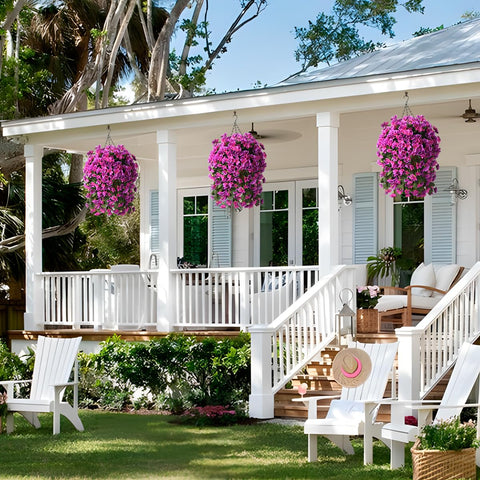 INQCMY hanging basket displayed on porch adding year-round vibrant curb appeal