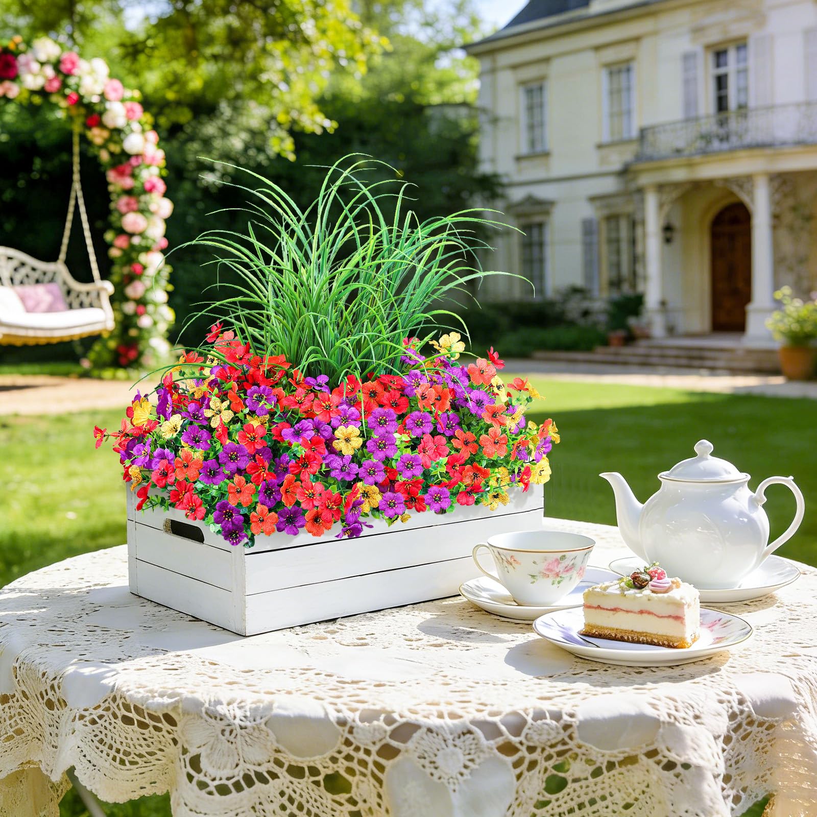 INQCMY patio scene with flowers adding year-round color and low-maintenance charm