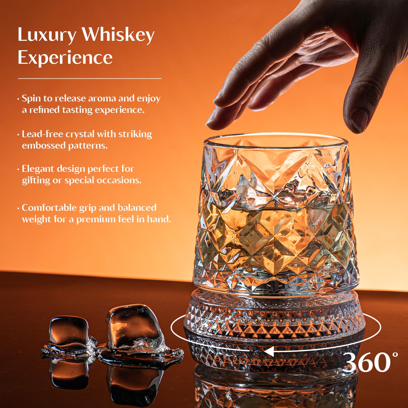 INSETLAN glasses with ice and whiskey stones demonstrating ideal serving capacity