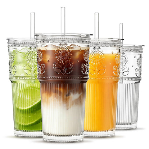 INSETLAN front view set of four sunflower glass tumblers, stylish reusable drinkware