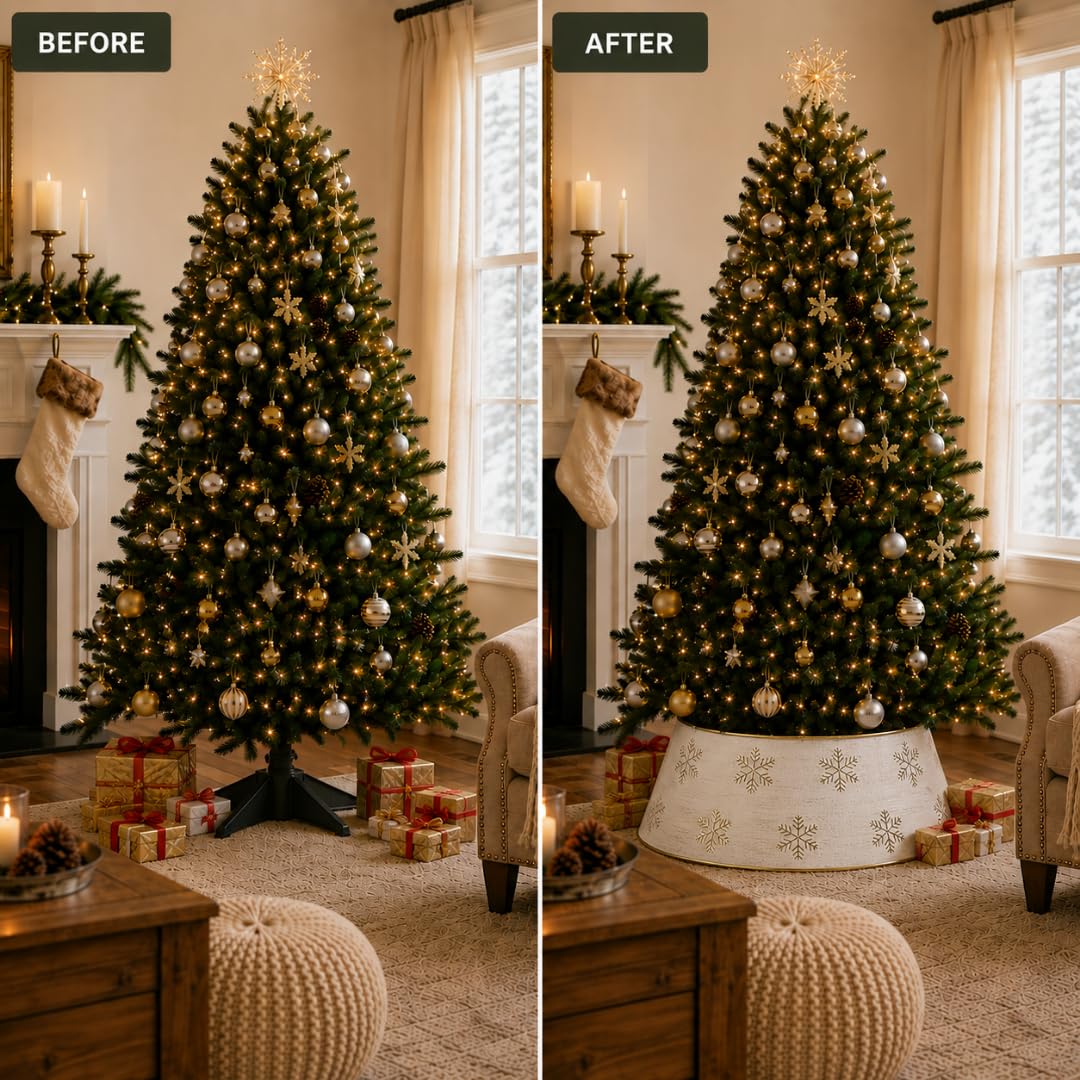 InSideOut tree collar in use under decorated Christmas tree for tidy base