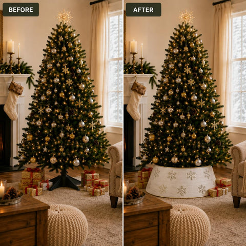 InSideOut tree collar in use under decorated Christmas tree for tidy base