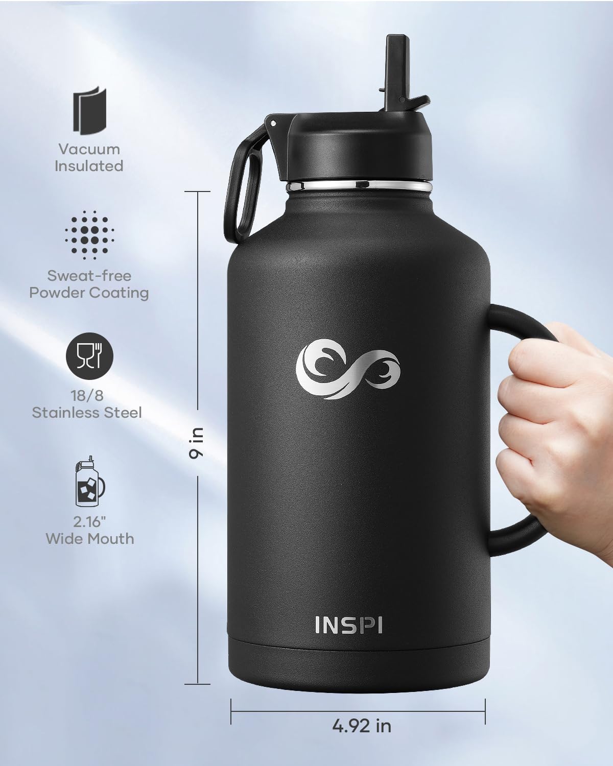 INSPI bottle next to a backpack for scale, showing travel-ready capacity benefit