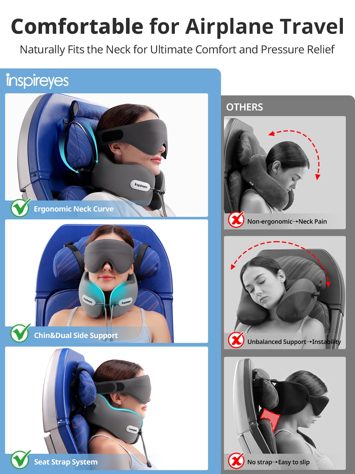 Inspireyes seat strap fastened to airplane headrest for stability