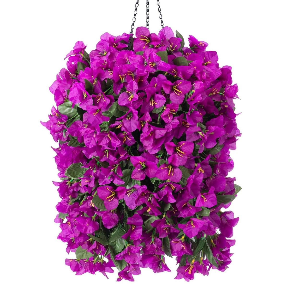 INSPRING front view hanging basket showing lifelike purple blooms and full cascade benefit