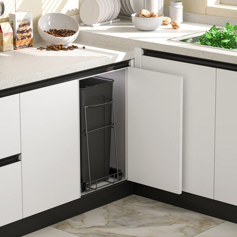 Insputer cabinet door closed showing hidden trash solution and improved kitchen aesthetics