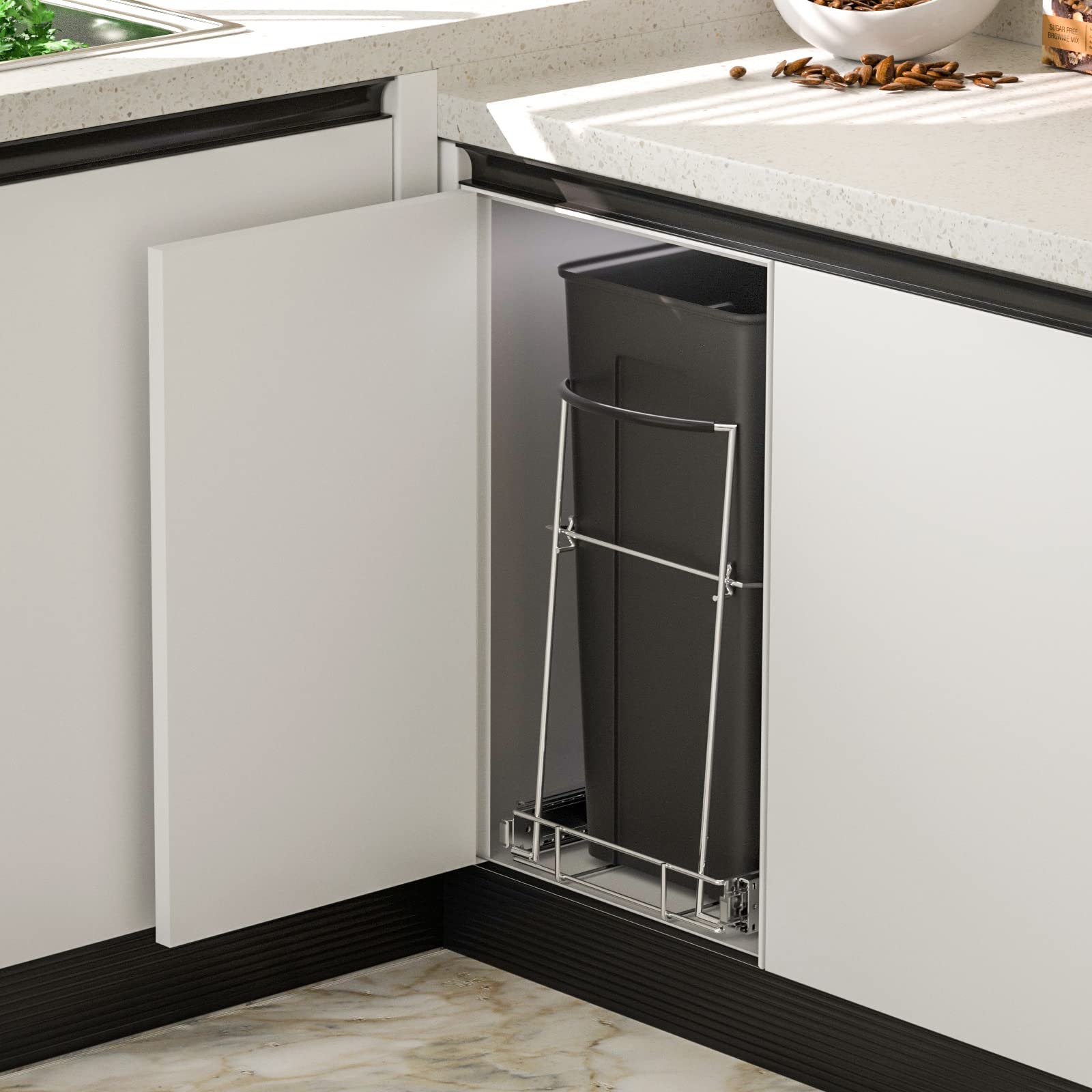 Insputer in a kitchen lifestyle shot hiding trash for a cleaner look