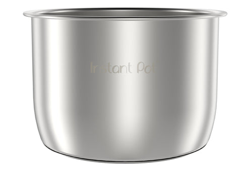 Instant Pot polished stainless inner pot front view showing smooth rim and capacity for easy handling