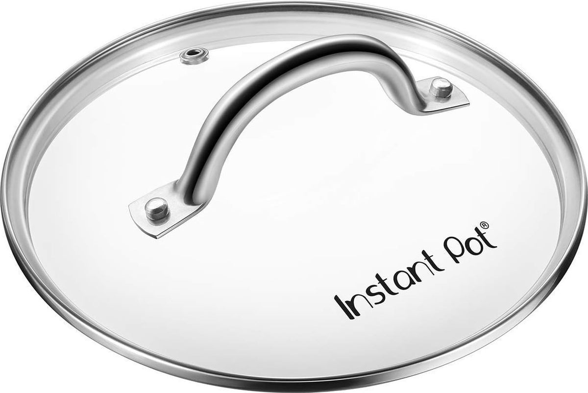 Instant Pot tempered glass lid front view showing stainless rim and clear glass for easy monitoring