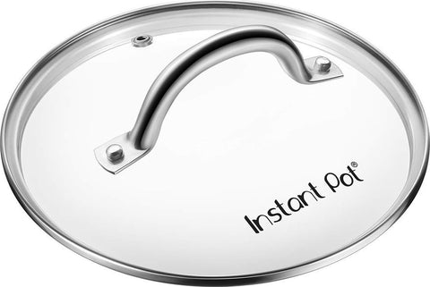 Instant Pot tempered glass lid front view showing stainless rim and clear glass for easy monitoring