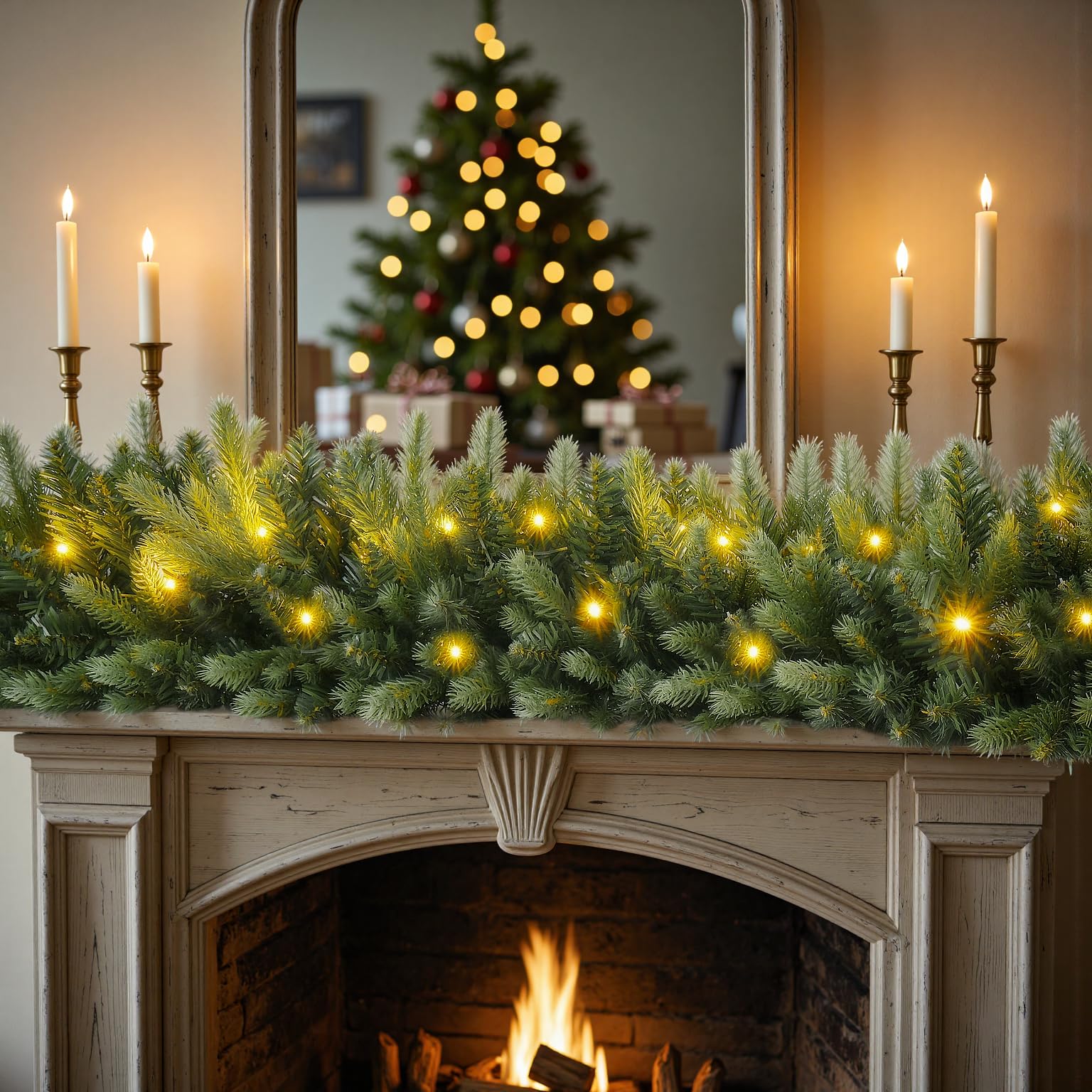 INSTREE CHRISTMAS garland draped on a mantel creating a warm festive focal point