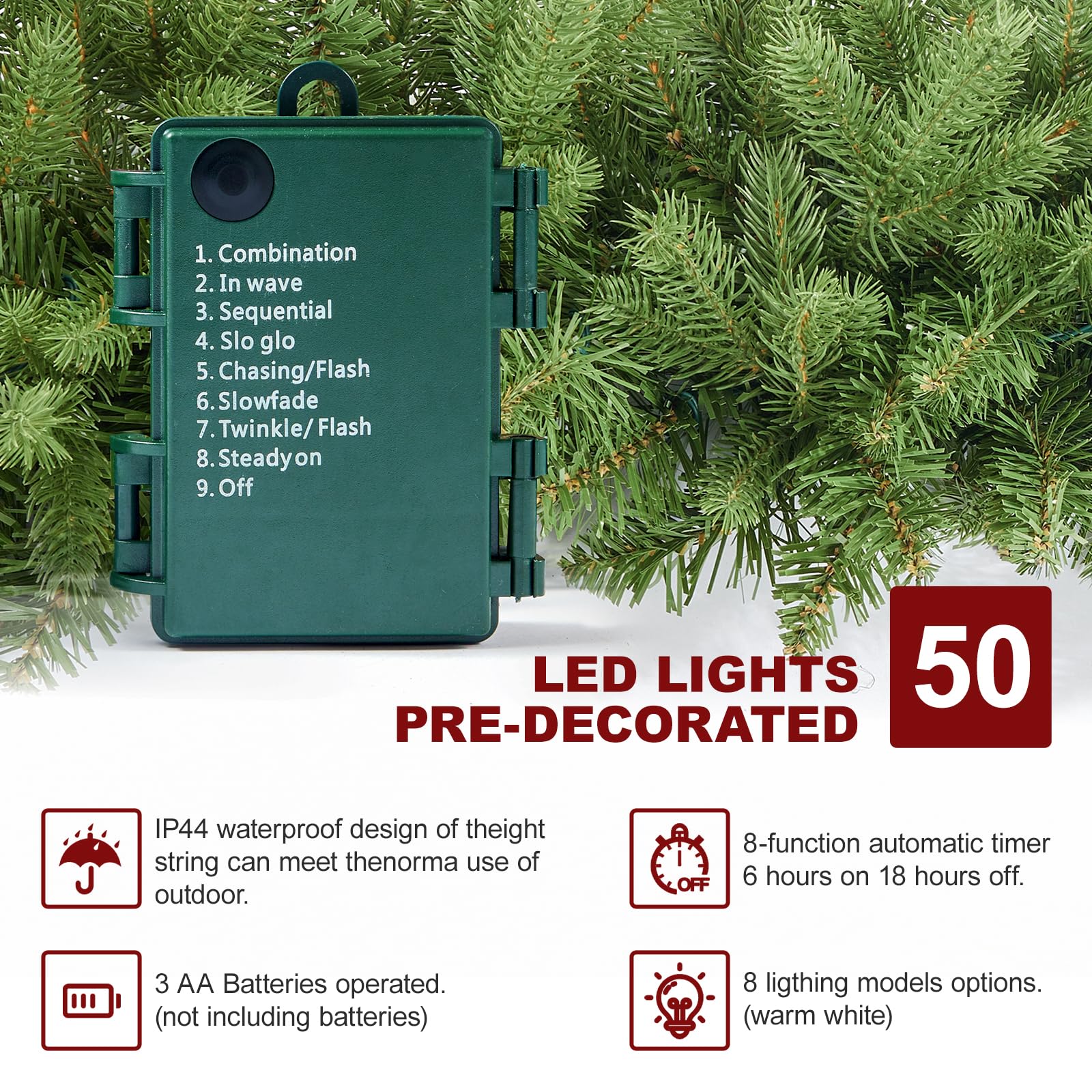 INSTREE CHRISTMAS lit garland detail showing 50 LED lights creating warm ambiance