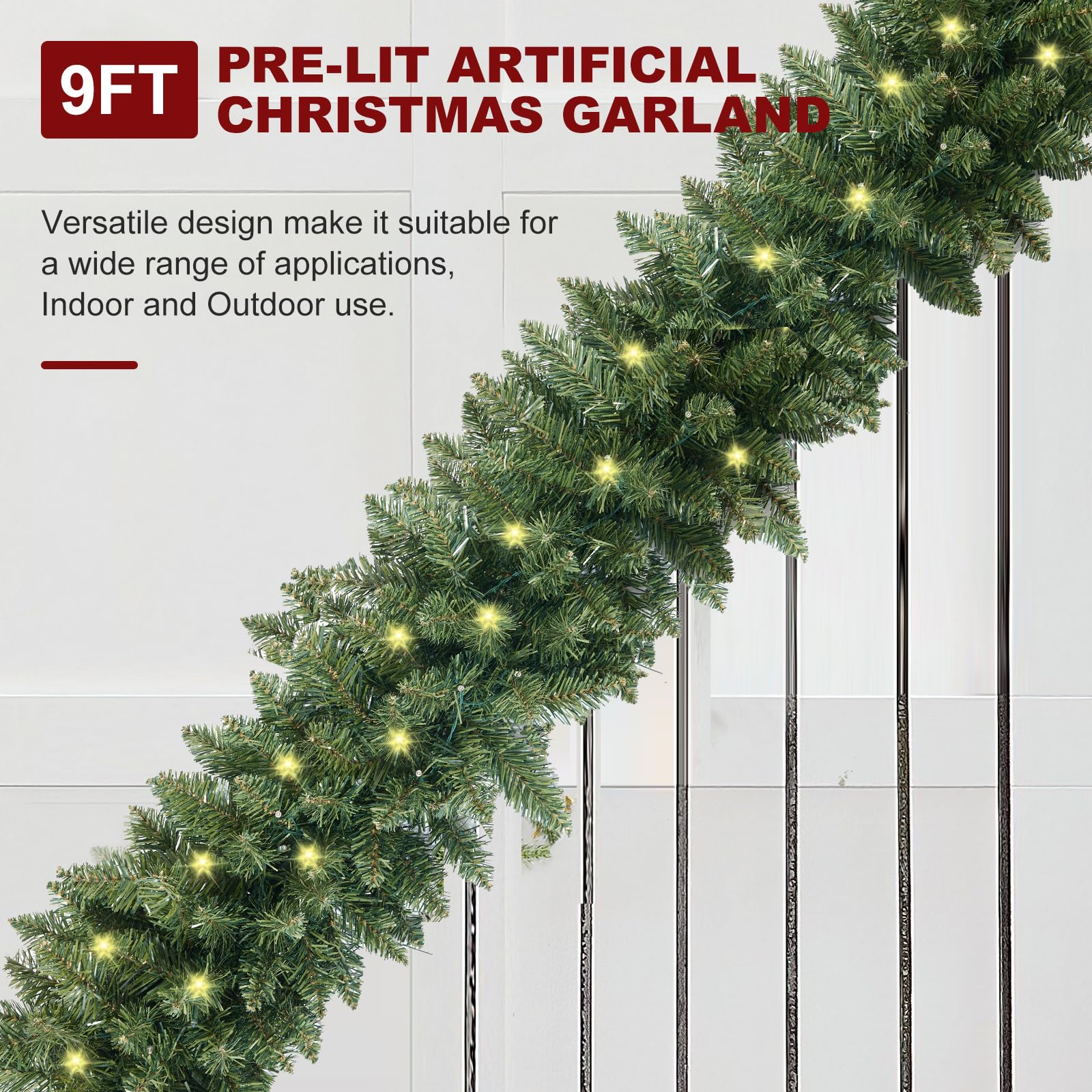 INSTREE CHRISTMAS garland wrapped on stair rail for secure seasonal styling