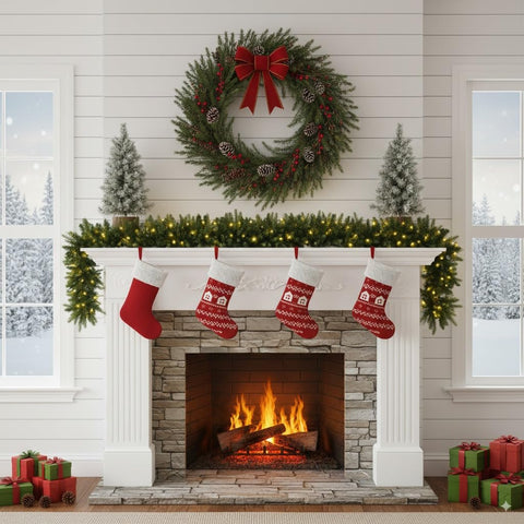 INSTREE CHRISTMAS garland scaled beside a stair rail demonstrating length and installation fit